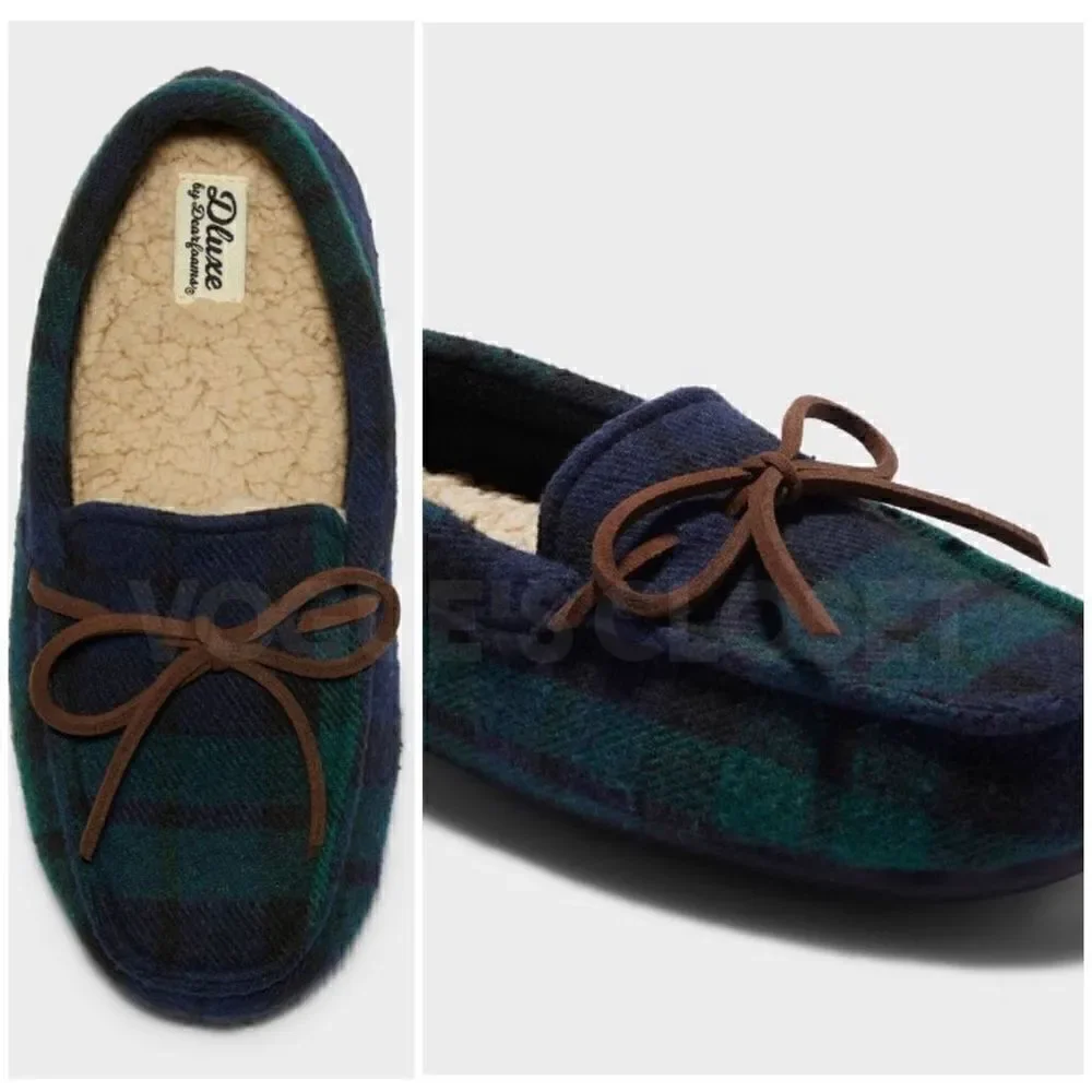 NEW! Dluxe by Dearfoams Braydon Moccasin Kids Slippers, Green Plaid